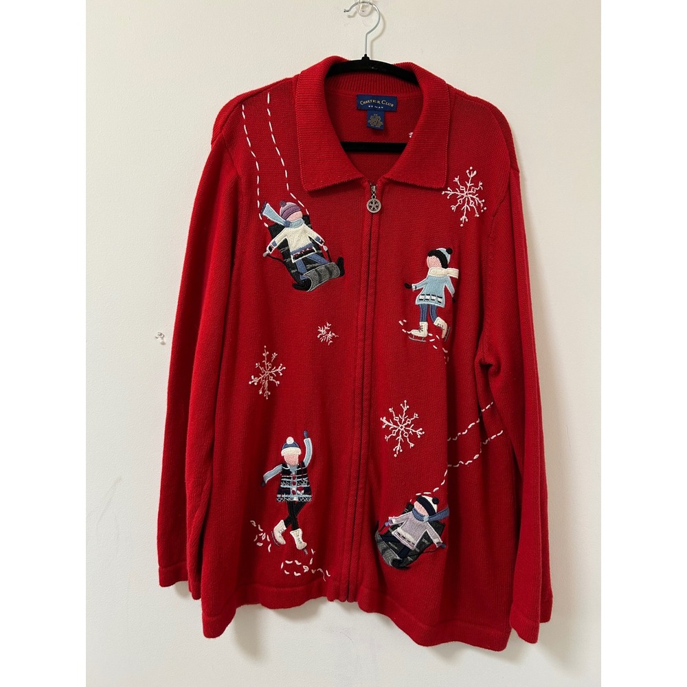 Charter Club Winter Scene Cardigan Women 2X Red Grannycore Zip Sweater Holiday